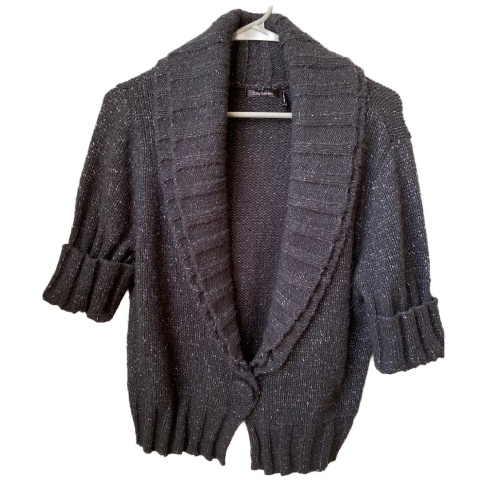 DAISY FUENTES Women’s Black w/ Gray Flecks 1/2 Cuffed Sleeve Wool Blend Cardigan